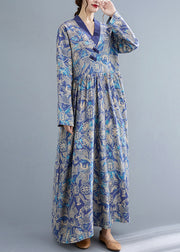 Ethnic Style Blue Wrinkled V Neck Exra Large Hem Cotton Long Dresses Long Sleeve