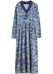 Ethnic Style Blue Wrinkled V Neck Exra Large Hem Cotton Long Dresses Long Sleeve