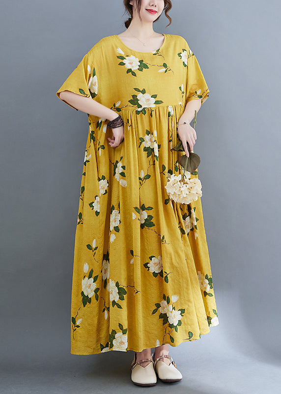 Ethnic Style Yellow O-Neck Cinched Print Long Dresses Short Sleeve