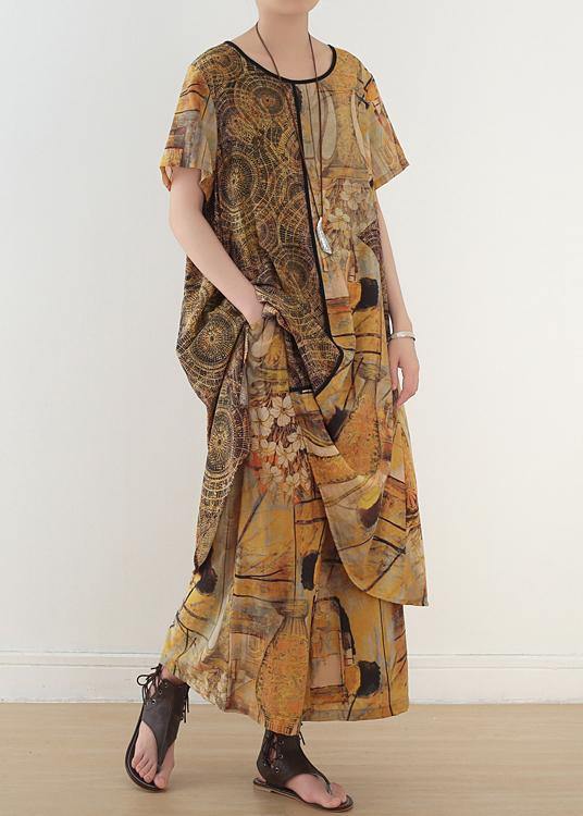 Ethnic Yellow Printed Women Mid Length + Loose Wide Leg Pants Suit - SooLinen