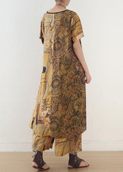 Ethnic Yellow Printed Women Mid Length + Loose Wide Leg Pants Suit - SooLinen