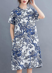 Ethnic blue printed buckle loose dress - SooLinen