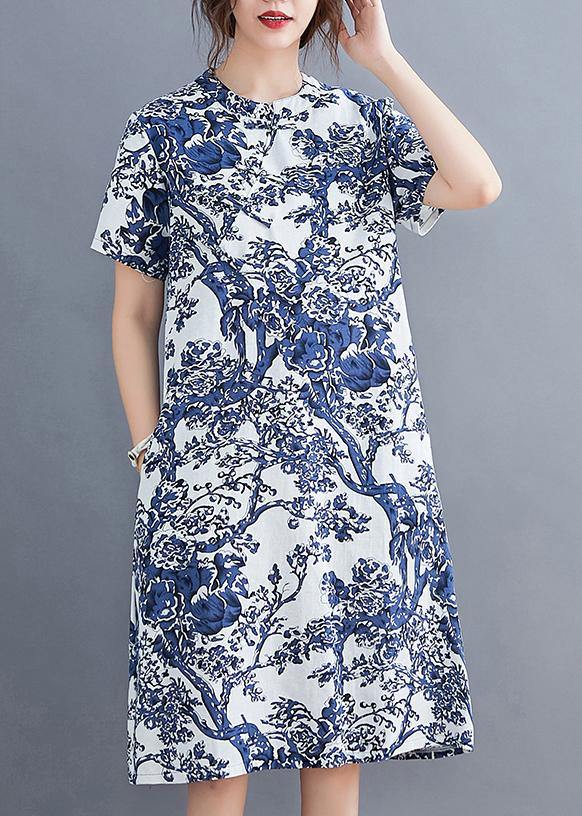 Ethnic blue printed buckle loose dress - SooLinen