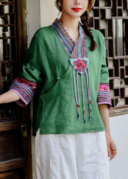 Ethnic style Red V Neck Embroideried Patchwork Linen Shirt Tops Spring