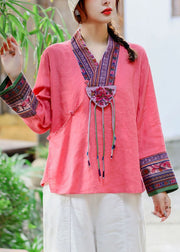 Ethnic style Red V Neck Embroideried Patchwork Linen Shirt Tops Spring