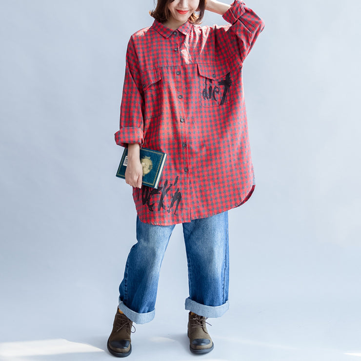 Fall 2024 grid alphabet prints red cotton shirts plus size casual long sleeve tops