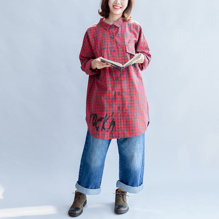 Fall 2024 grid alphabet prints red cotton shirts plus size casual long sleeve tops