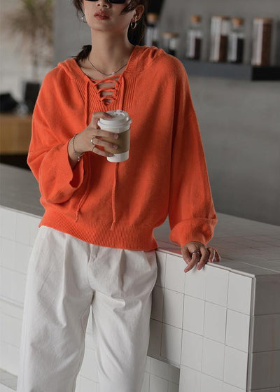 Fashion  orange knitted blouse oversized hooded drawstring knitted tops - SooLinen