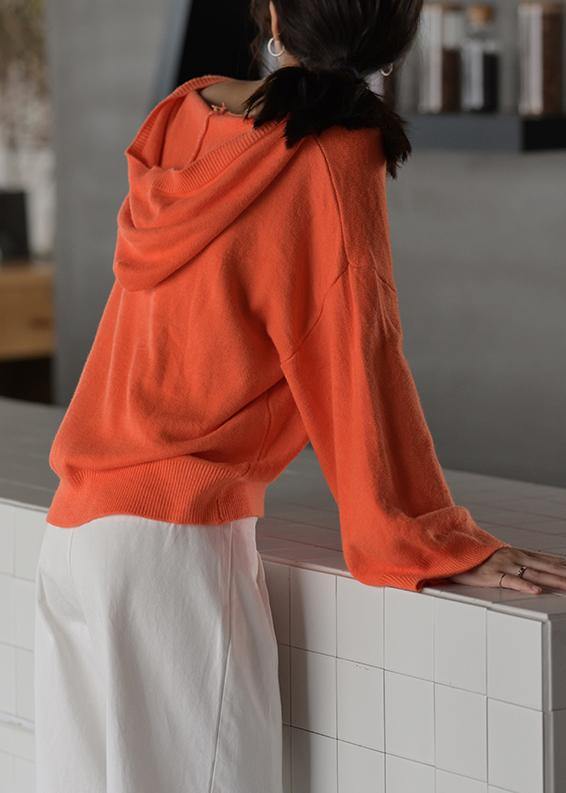 Fashion  orange knitted blouse oversized hooded drawstring knitted tops - SooLinen