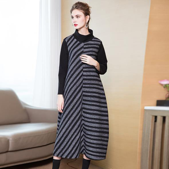 Fashion 2018 New High Neck Striped A Line Maxi Dresses For Women