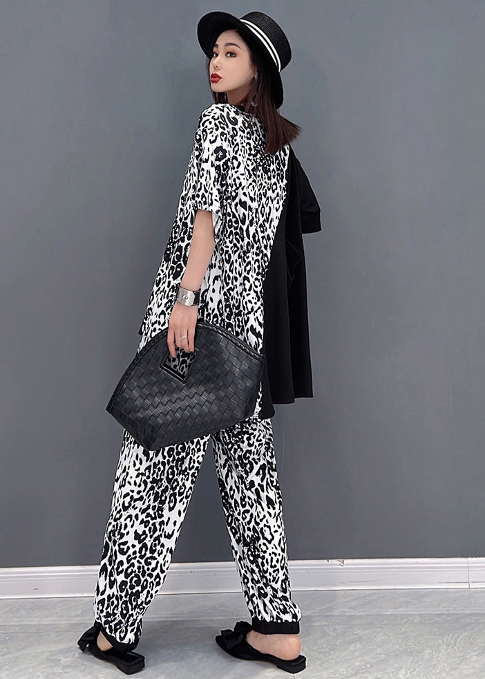 Fashion Black Asymmetrical Patchwork Leopard Print Cotton Two Pieces Set Summer