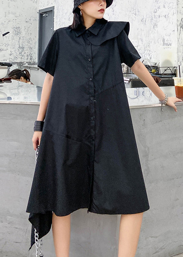 Fashion Black Button Peter Pan Collar Asymmetrical Design Party Dress Short Sleeve