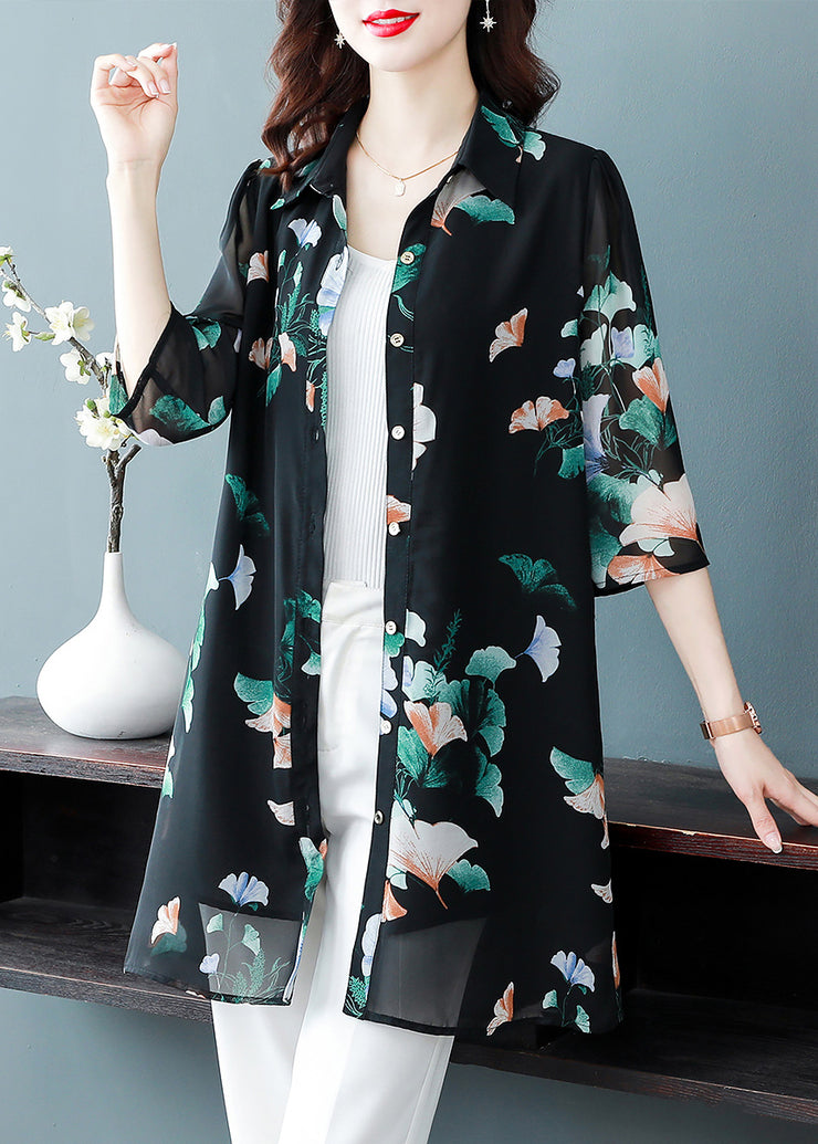 Fashion Black Button Peter Pan Collar Print Long Chiffon Shirt Tops Half Sleeve