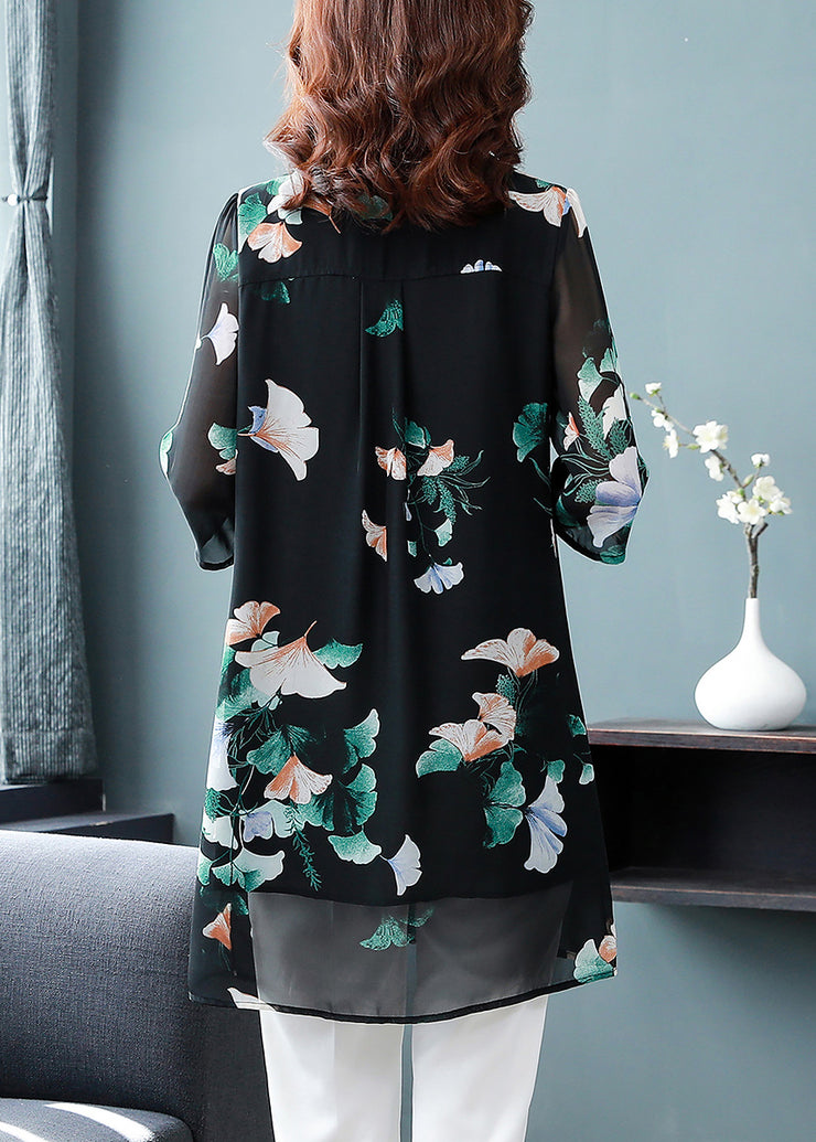 Fashion Black Button Peter Pan Collar Print Long Chiffon Shirt Tops Half Sleeve