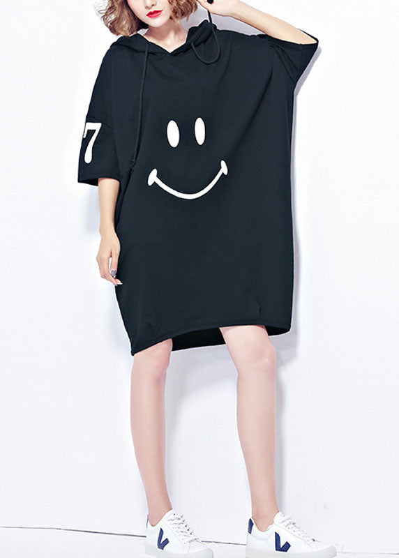 Fashion Black Hooded Smile Print Cotton Maxi Dresses Short Sleeve