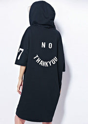 Fashion Black Hooded Smile Print Cotton Maxi Dresses Short Sleeve