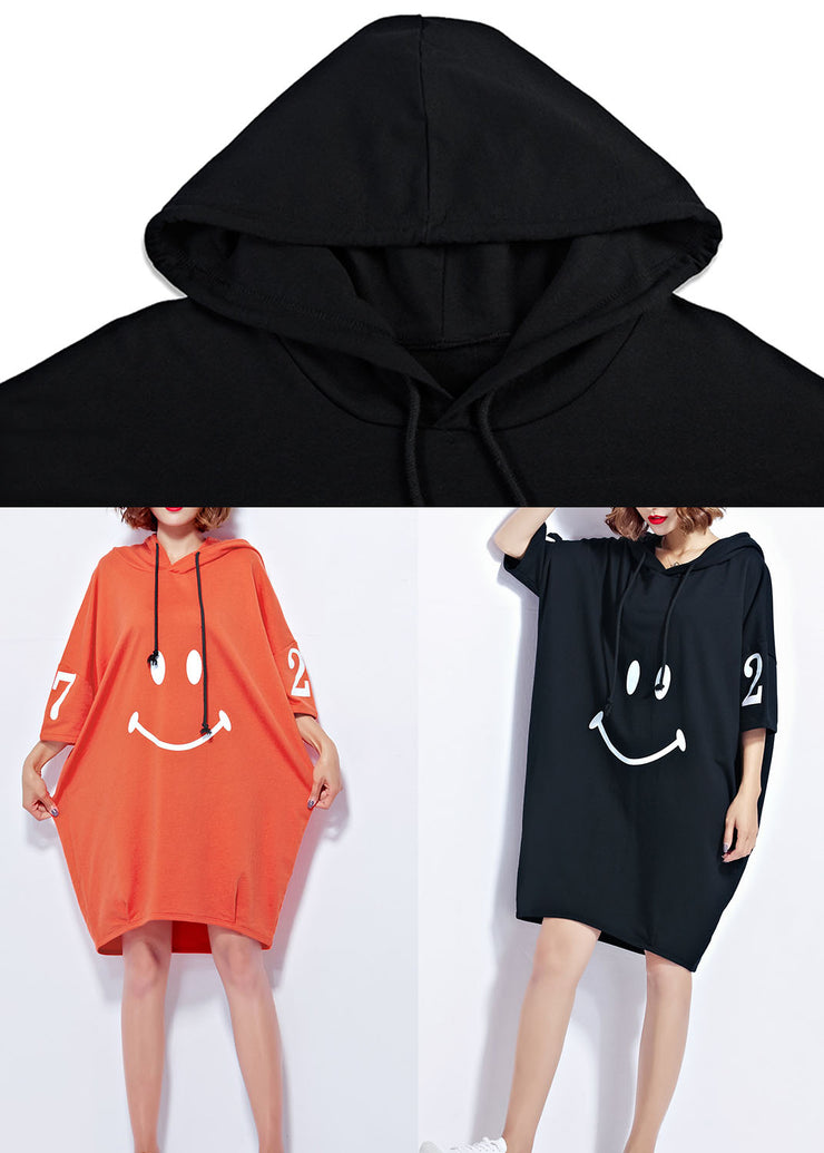 Fashion Black Hooded Smile Print Cotton Maxi Dresses Short Sleeve