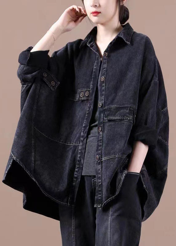 Fashion Black Loose Button Patchwork asymmetrical design Fall Denim Long sleeve Blouse Tops