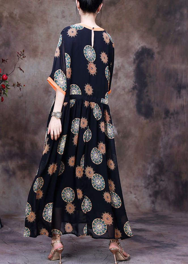 Fashion Black O-Neck Drawstring Patchwork Print Chiffon Long Dress Half Sleeve