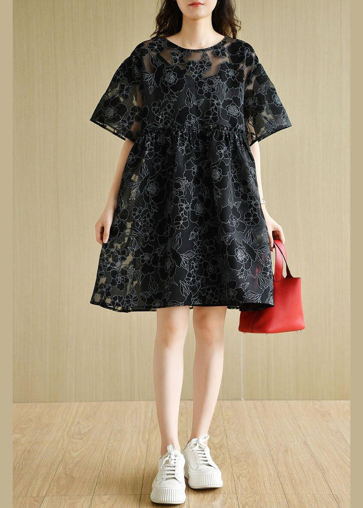 Fashion Black O-Neck Patchwork Floral Summer Half Sleeve Dress - SooLinen