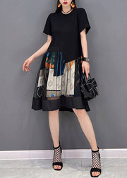 Fashion Black O-Neck Patchwork Tulle Mid Dresses Short Sleeve