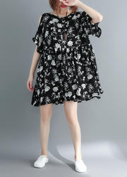 Fashion Black Print Cold Shoulder Cinched holiday Dress Short Sleeve