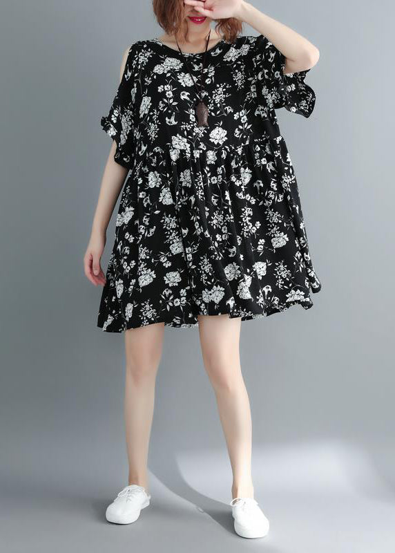 Fashion Black Print Cold Shoulder Cinched holiday Dress Short Sleeve