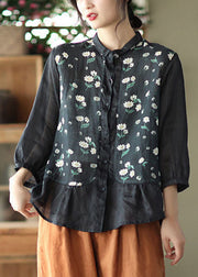 Fashion Black Print Patchwork Linen Shirt Three Quarter sleeve