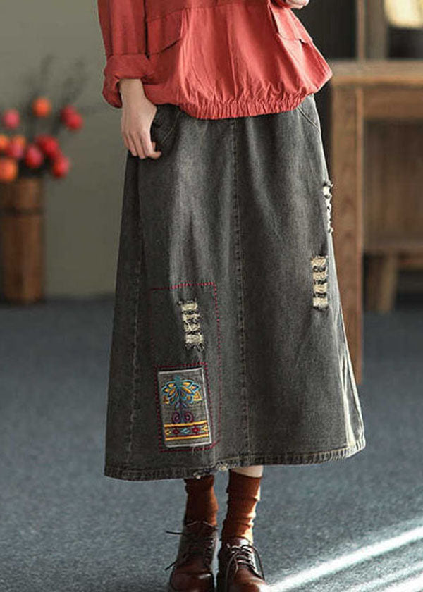 Fashion Black Side Open Embroideried Pockets Cotton Denim Ripped Skirt Summer