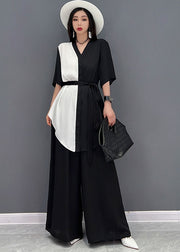 Fashion Black V Neck Patchwork Chiffon Tops And Wide Leg Pants Two Pieces Set Summer