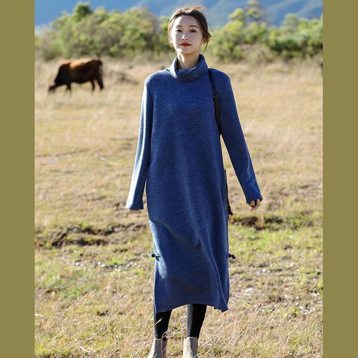 Fashion Blue And Red High Neck Maxi Sweater Dresses For Women