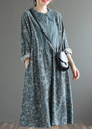 Fashion Blue Cute Button Print Fall Dress Long sleeve