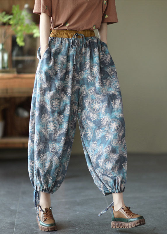 Fashion Blue Elastic waist Pockets Linen Beam Pants Summer