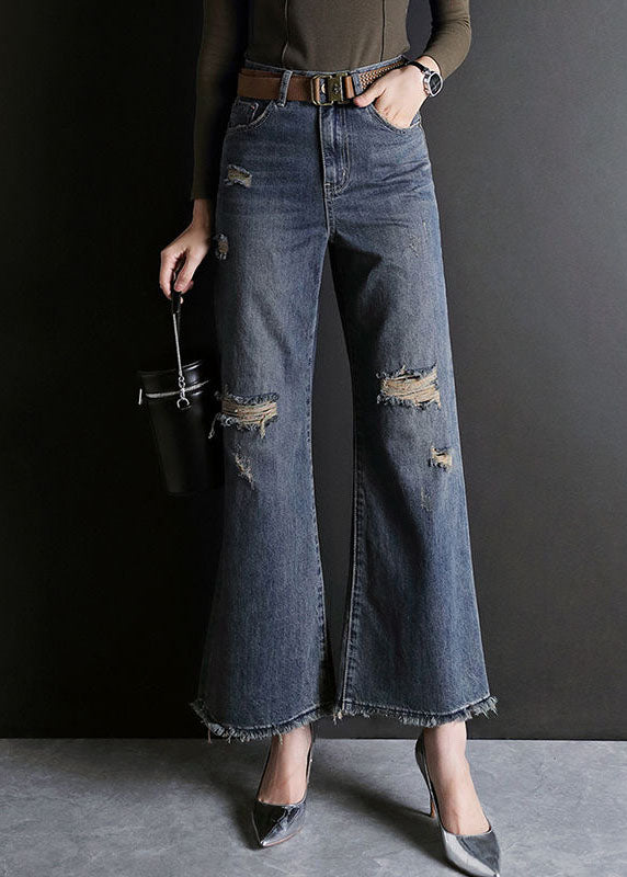 Fashion Blue High Waist Hole Pockets Cotton Denim Flare Pants Summer