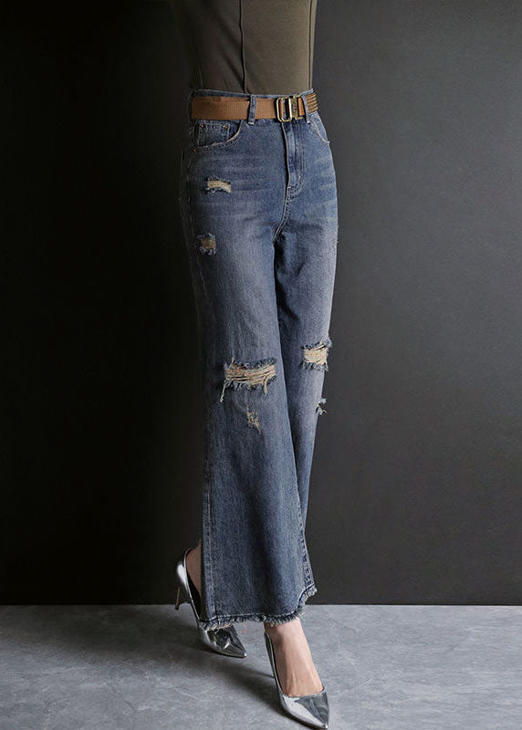 Fashion Blue High Waist Hole Pockets Cotton Denim Flare Pants Summer