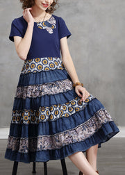 Fashion Blue O-Neck Cinched Patchwork Cotton pleated Dresses Short Sleeve