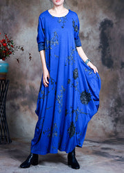 Fashion Blue O-Neck Print Cotton Maxi Dress Spring