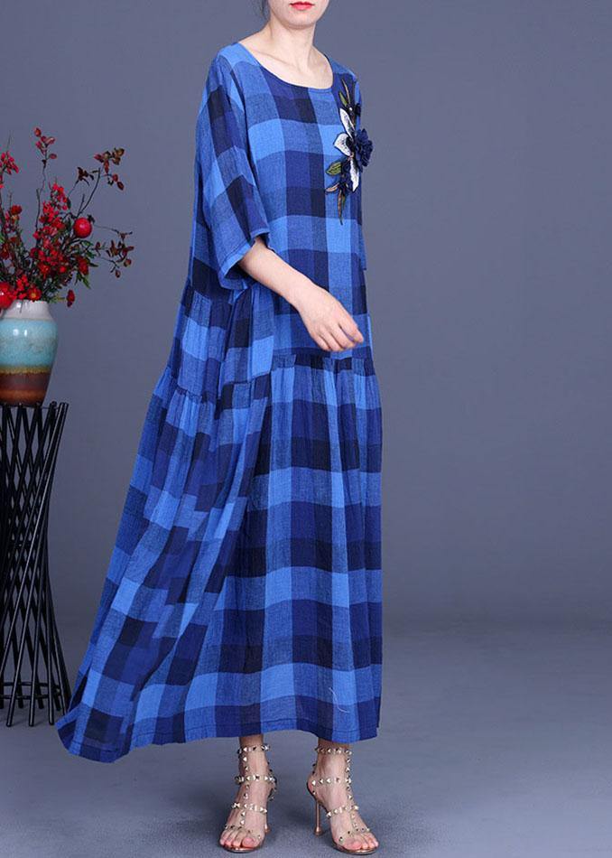 Fashion Blue Plaid Linen Embroideried Floral Summer Long Dress - SooLinen