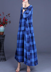 Fashion Blue Plaid Linen Embroideried Floral Summer Long Dress - SooLinen