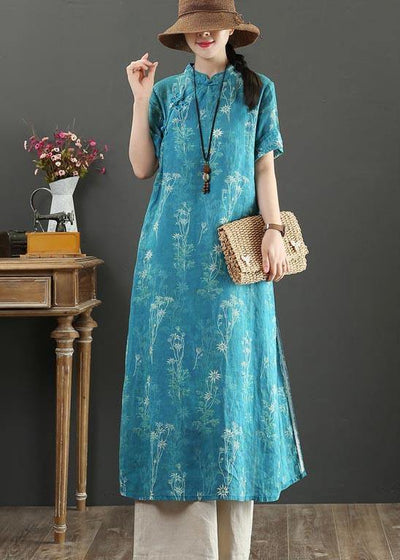 Fashion Blue Print Oriental side open Long Summer Linen Dress - SooLinen