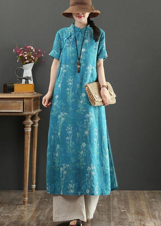 Fashion Blue Print Oriental side open Long Summer Linen Dress - SooLinen