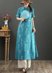 Fashion Blue Print Oriental side open Long Summer Linen Dress - SooLinen