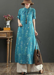 Fashion Blue Print Oriental side open Long Summer Linen Dress - SooLinen