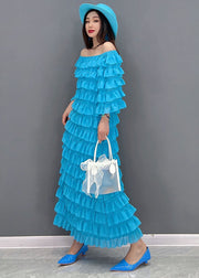 Fashion Blue Slash Neck Layered Ruffles Tulle Long Dresses Half Sleeve