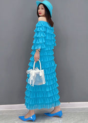 Fashion Blue Slash Neck Layered Ruffles Tulle Long Dresses Half Sleeve