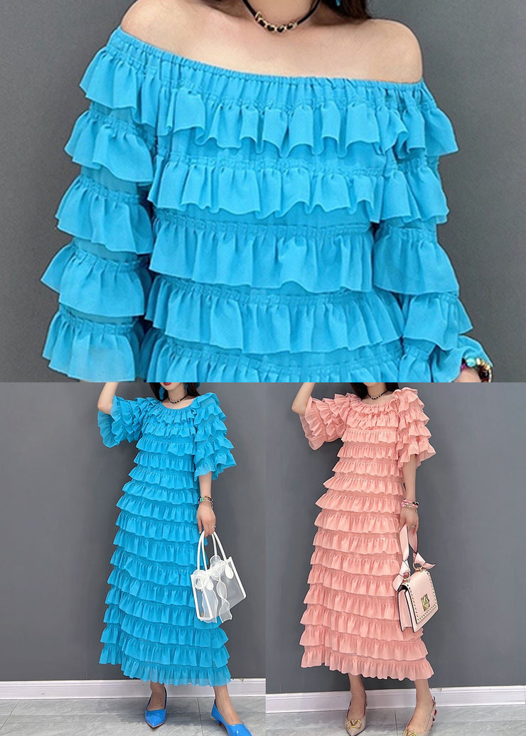 Fashion Blue Slash Neck Layered Ruffles Tulle Long Dresses Half Sleeve