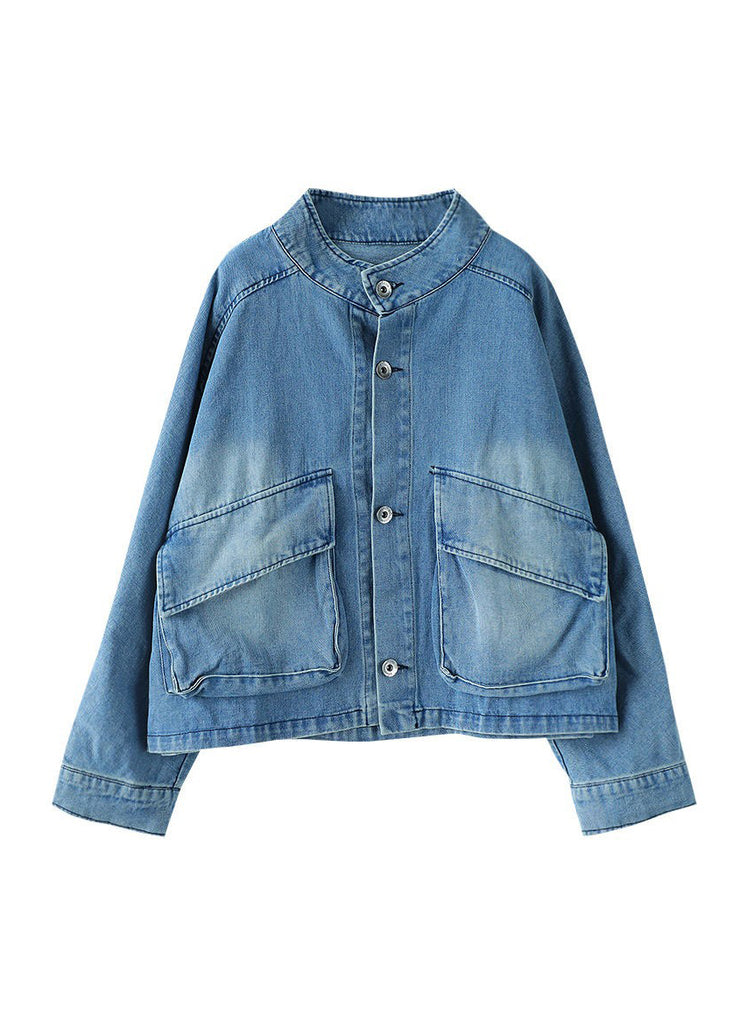 Fashion Blue Stand Collar Button Big Pockets Denim Coat Long Sleeve