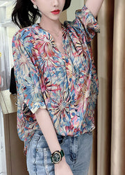 Fashion Blue V Neck Button Print Linen shirts Top Half Sleeve