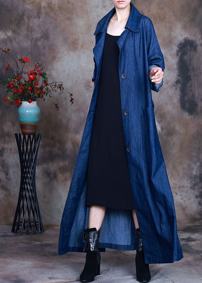 Fashion Blue button tie waist Peter Pan Collar Cotton denim trench coats Spring