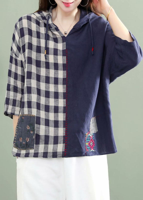 Fashion Blue hooded Plaid Patchwork drawstring Fall Tops Half Sleeve